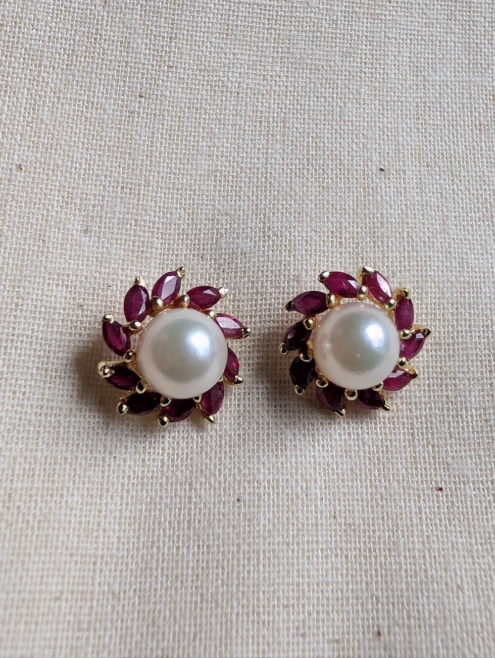 Vintage pearl and garnet stud earrings 14k gold